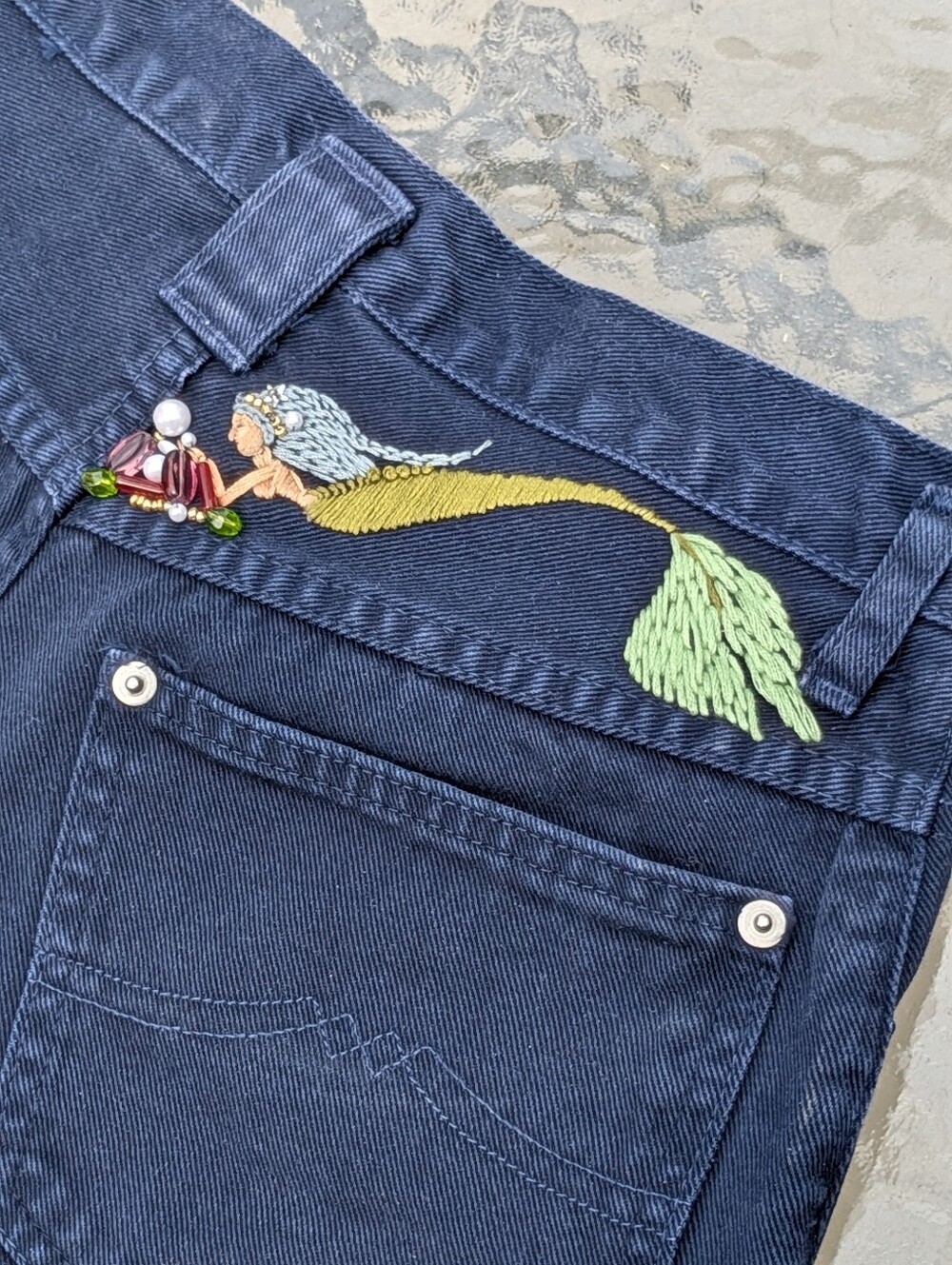 Vintage Navy Women’s Jeans with Embroidered Mermaid Detail 28 Handmade Beaded